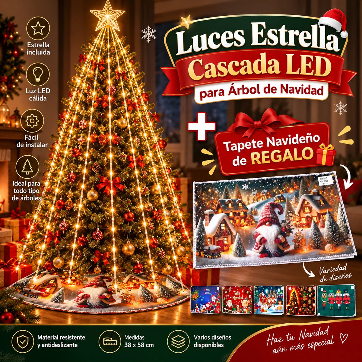 Luces LED Cascada para Árbol de Navidad con Efecto Lluvia de Luces e Instalación Rápida
