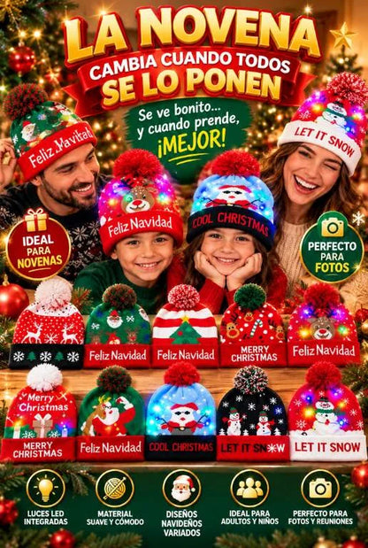 Gorro Navideño Tejido con Luces LED y Pompón para Novenas, Fotos y Reuniones en Familia