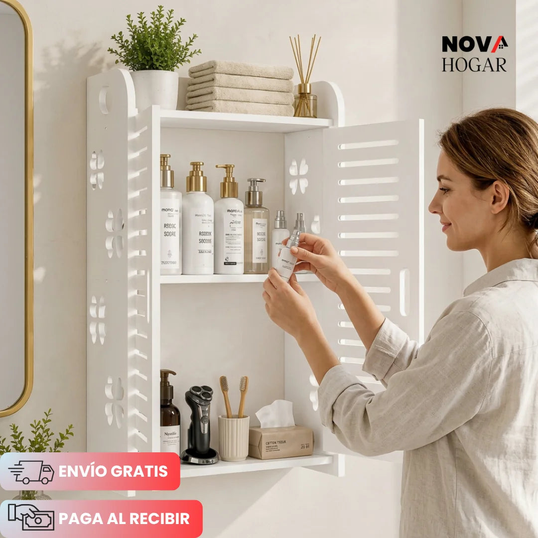 Gabinete Organizador de Baño con Puertas y 3 Repisas para Pared o Mesón