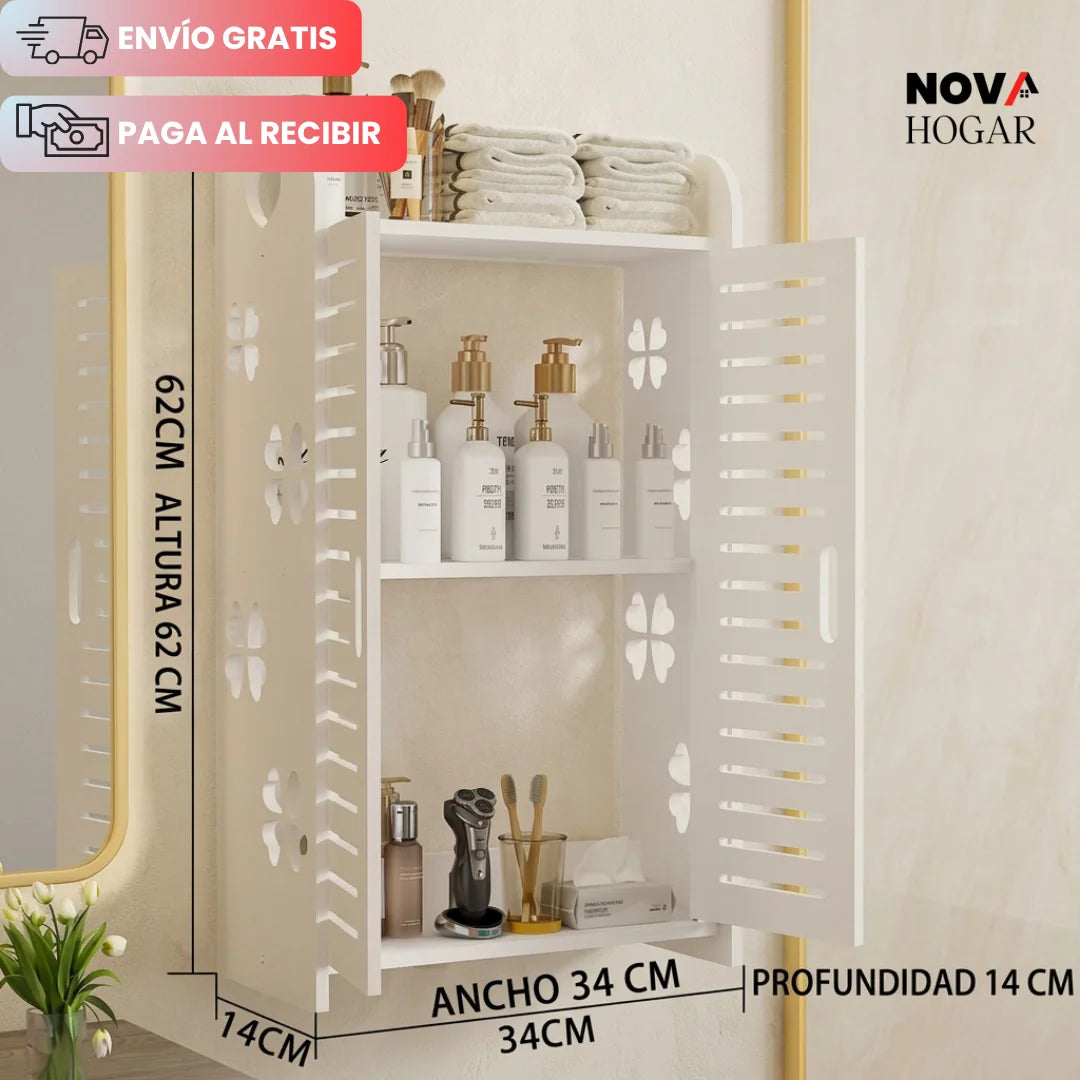 Gabinete Organizador de Baño con Puertas y 3 Repisas para Pared o Mesón