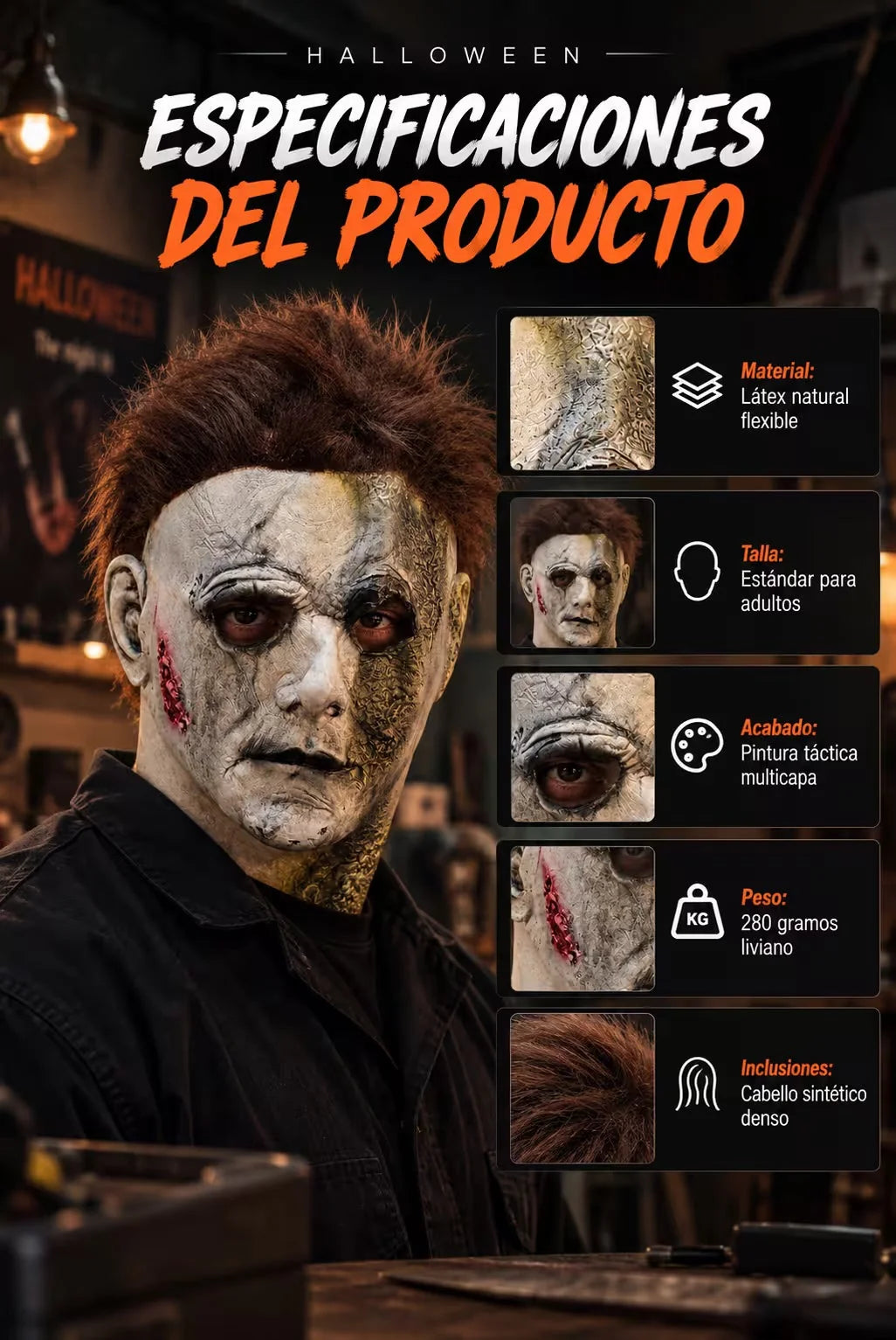 Máscara de Michael Myers en Látex con Cabello Sintético para un Disfraz de Halloween Aterrador