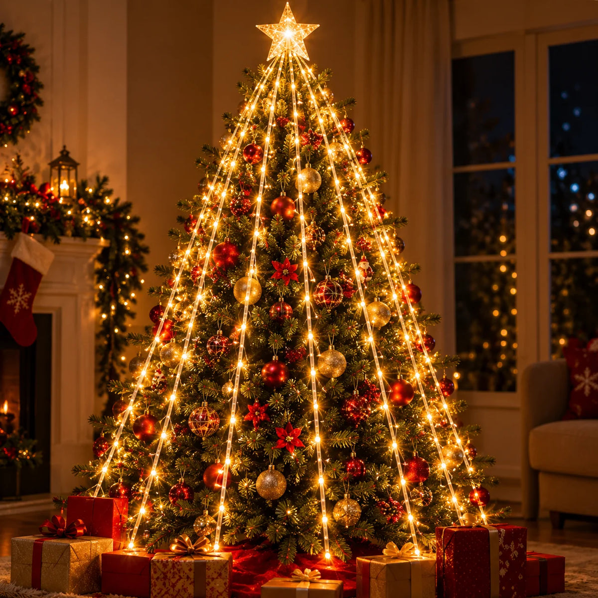 Luces LED Cascada para Árbol de Navidad con Efecto Lluvia de Luces e Instalación Rápida
