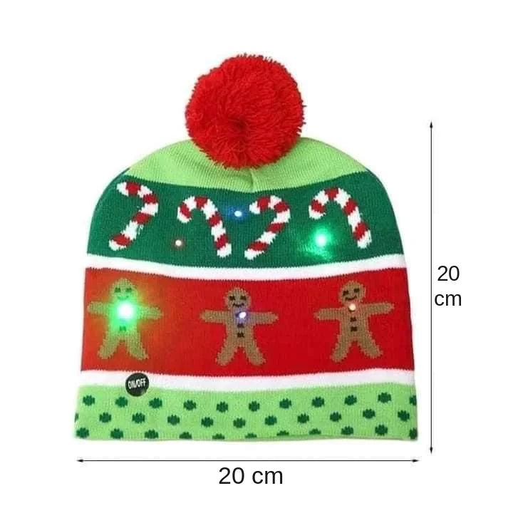 Gorro Navideño Tejido con Luces LED y Pompón para Novenas, Fotos y Reuniones en Familia
