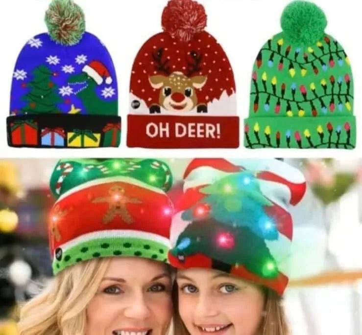 Gorro Navideño Tejido con Luces LED y Pompón para Novenas, Fotos y Reuniones en Familia