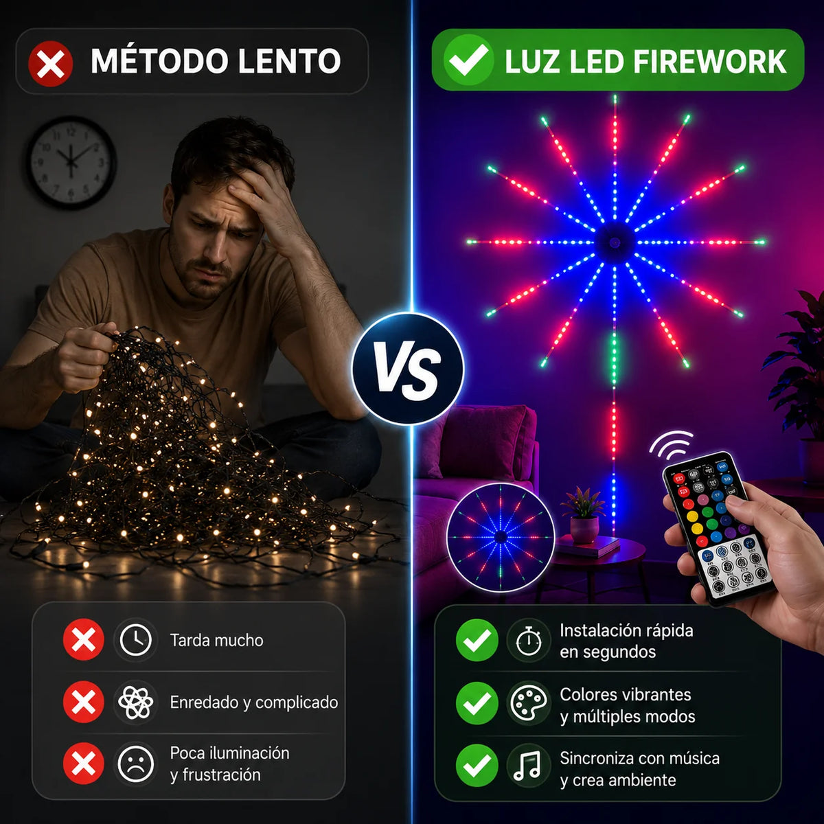 Luces LED de Fuegos Artificiales RGB con Control Remoto, App Bluetooth y Sincronización con Música