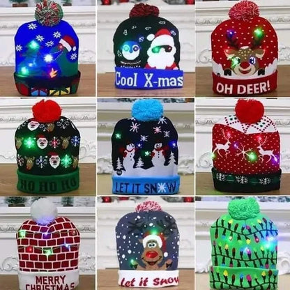 Gorro Navideño Tejido con Luces LED y Pompón para Novenas, Fotos y Reuniones en Familia
