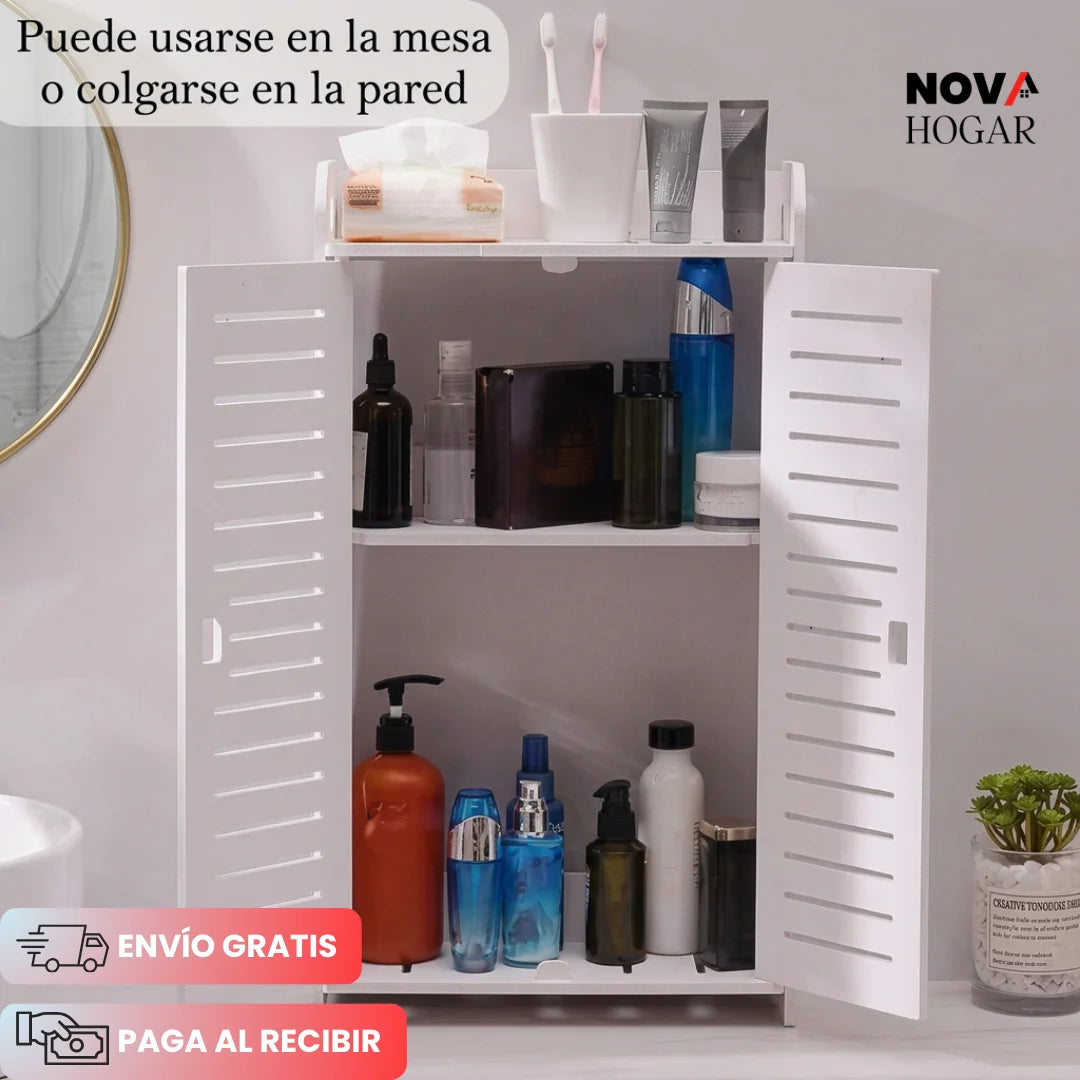 Gabinete Organizador de Baño con Puertas y 3 Repisas para Pared o Mesón