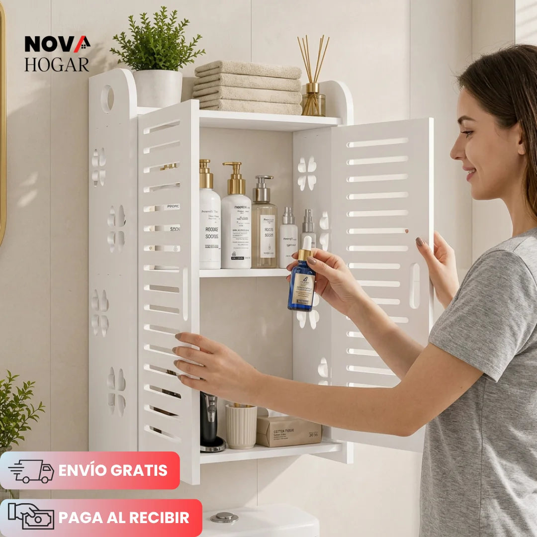 Gabinete Organizador de Baño con Puertas y 3 Repisas para Pared o Mesón