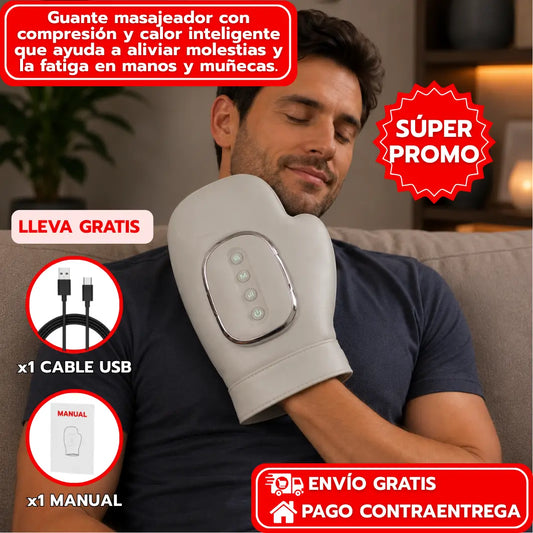 Guante masajeador con compresión y calor inteligente que ayuda a aliviar molestias y la fatiga en manos y muñecas.