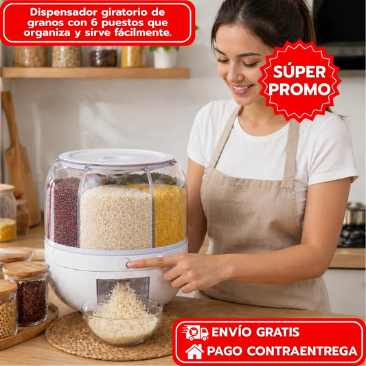 Dispensador giratorio de granos con 6 puestos que organiza y sirve fácilmente.