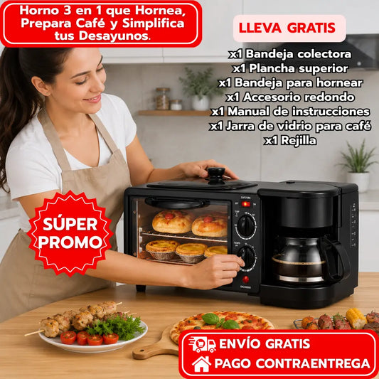 Horno 3 en 1 que Hornea, Prepara Café y Simplifica tus Desayunos.