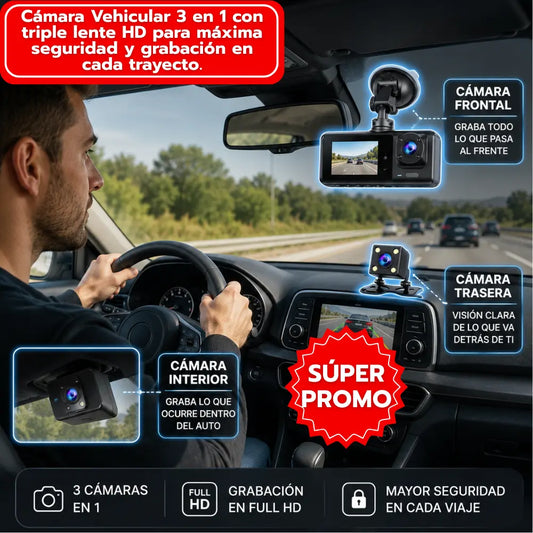 Cámara Vehicular Inteligente 3 en 1 con triple lente HD que graba frente, interior y reversa para brindar seguridad y evidencia en cada trayecto