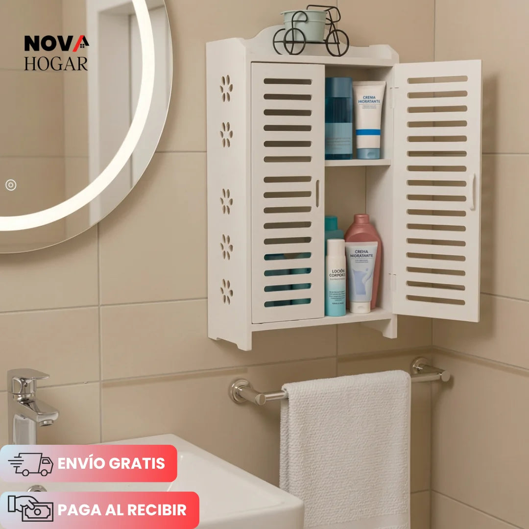 Gabinete Organizador de Baño con Puertas y 3 Repisas para Pared o Mesón