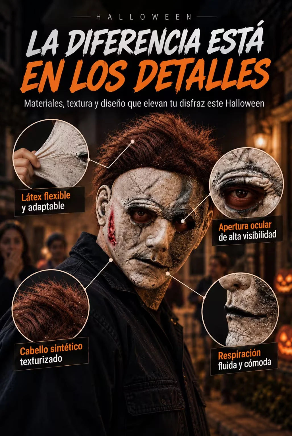 Máscara de Michael Myers en Látex con Cabello Sintético para un Disfraz de Halloween Aterrador