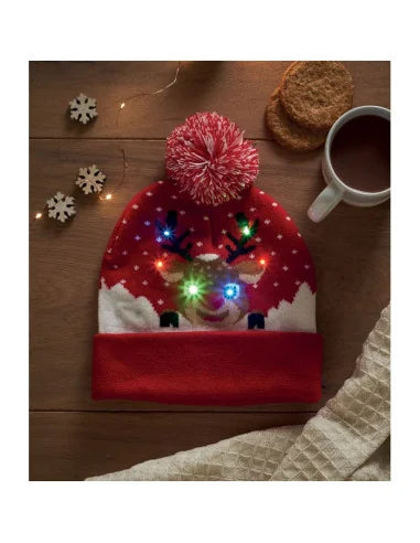 Gorro Navideño Tejido con Luces LED y Pompón para Novenas, Fotos y Reuniones en Familia